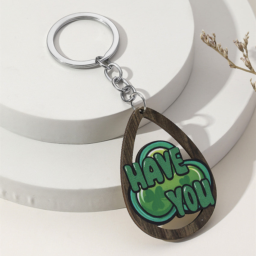Wholesale St. Patrick's Day Green Water Drop Clover Wooden Keychain