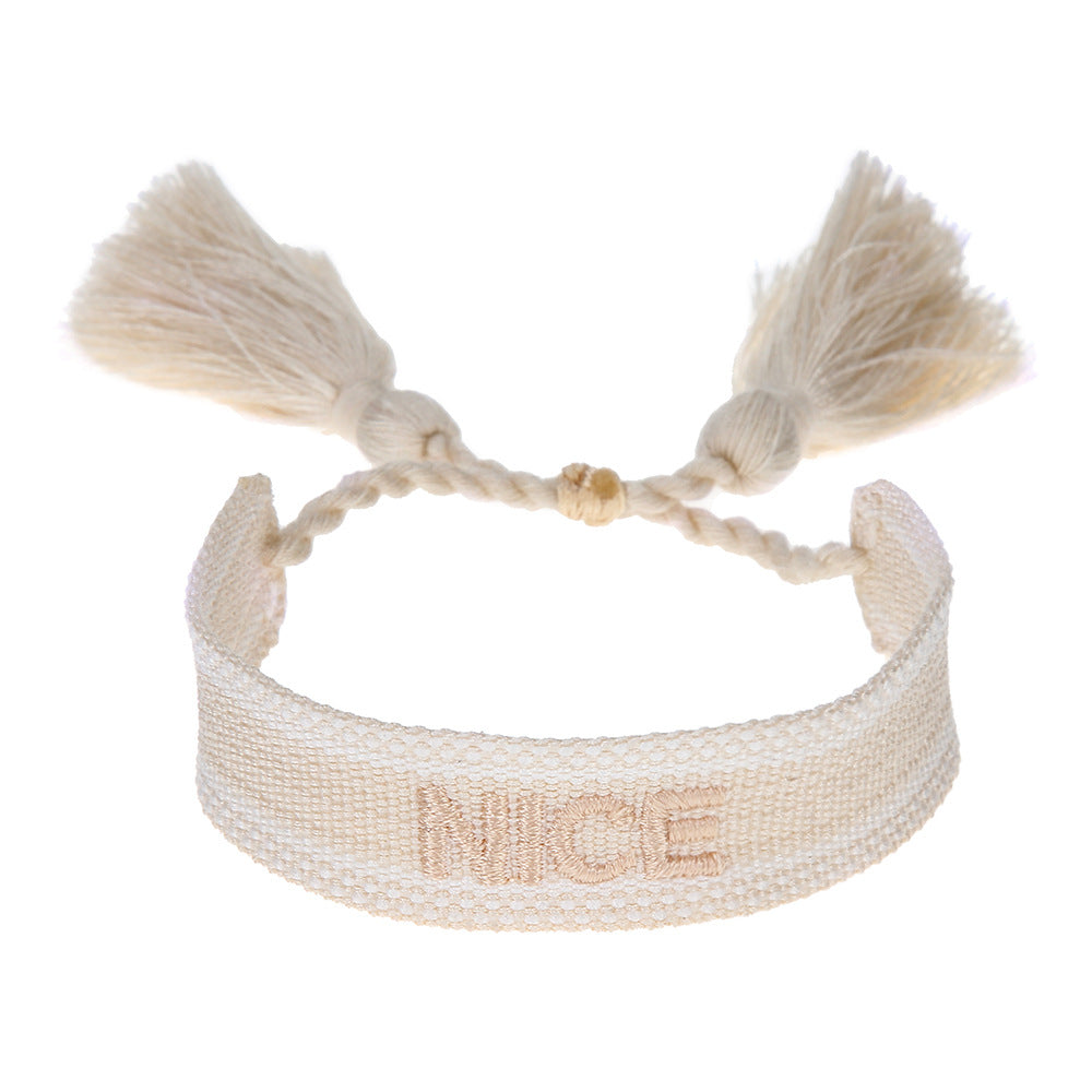 Wholesale Vintage Bohemian Embroidered Letter Woven Tassel Bracelet