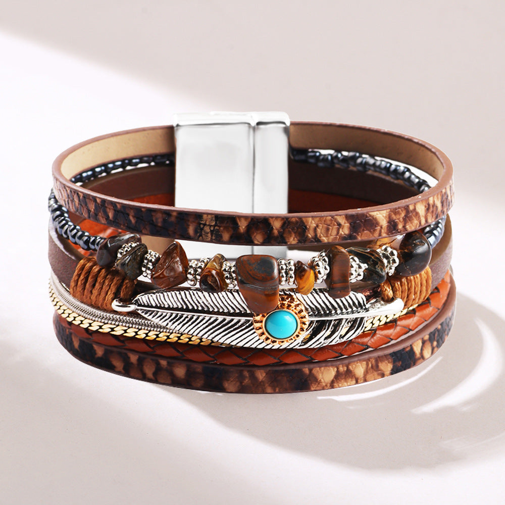 Wholesale Vintage Feather Blue Turquoise Gravel Multi-Layer Leather Bracelet