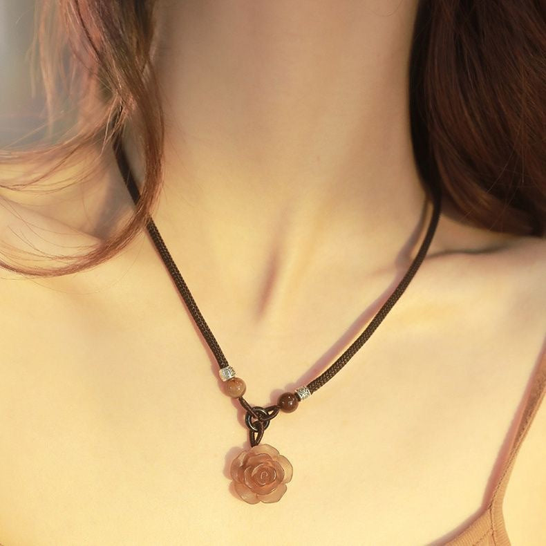 Wholesale Chinese Style Camellia Pendant Braided Necklace