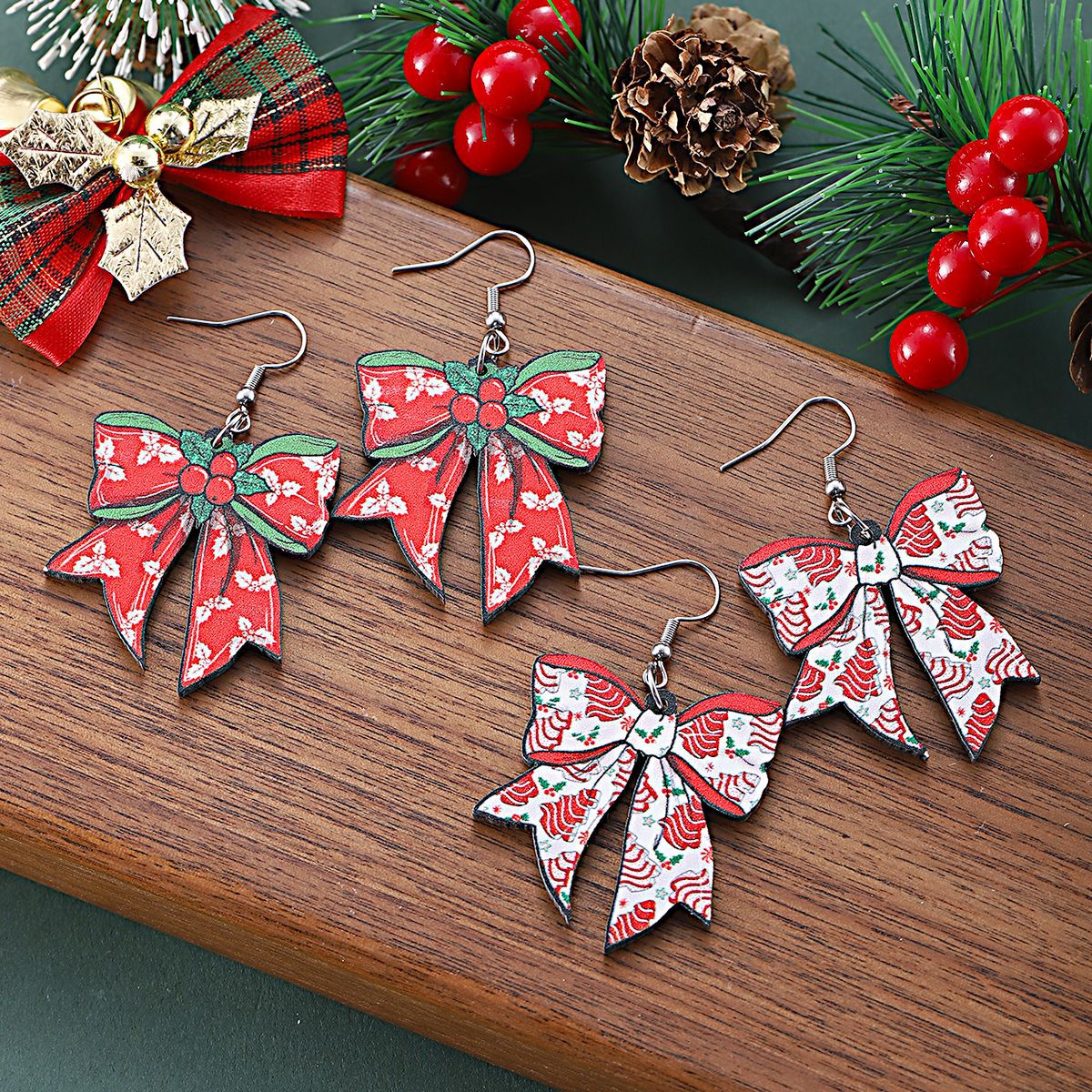 Wholesale Christmas Bow Pendant Wooden Double-Sided Earrings