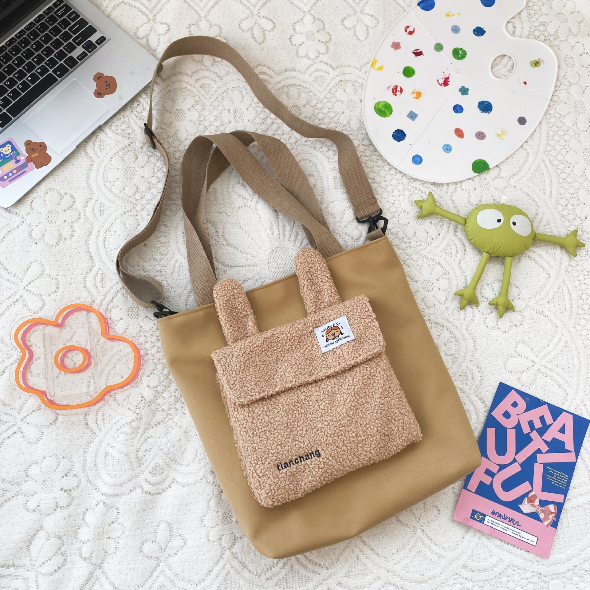 Wholesale Nylon Color Contrast Splicing Lamb Wool Shoulder Bag