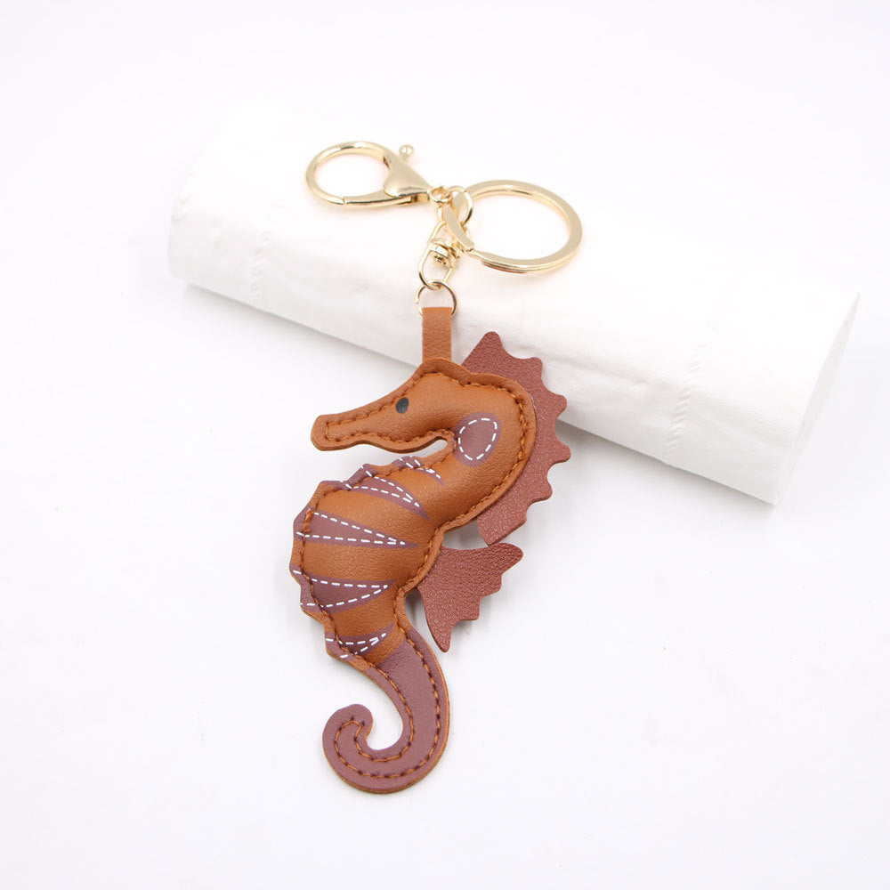 Wholesale Trendy Yellow Cartoon Seahorse PU Leather Keychain Bag Charm Car Key Accessory