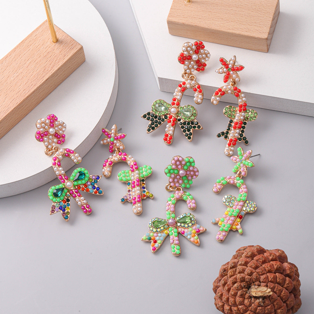 Wholesale Christmas Cane Bow Pearl Rice Bead Earrings