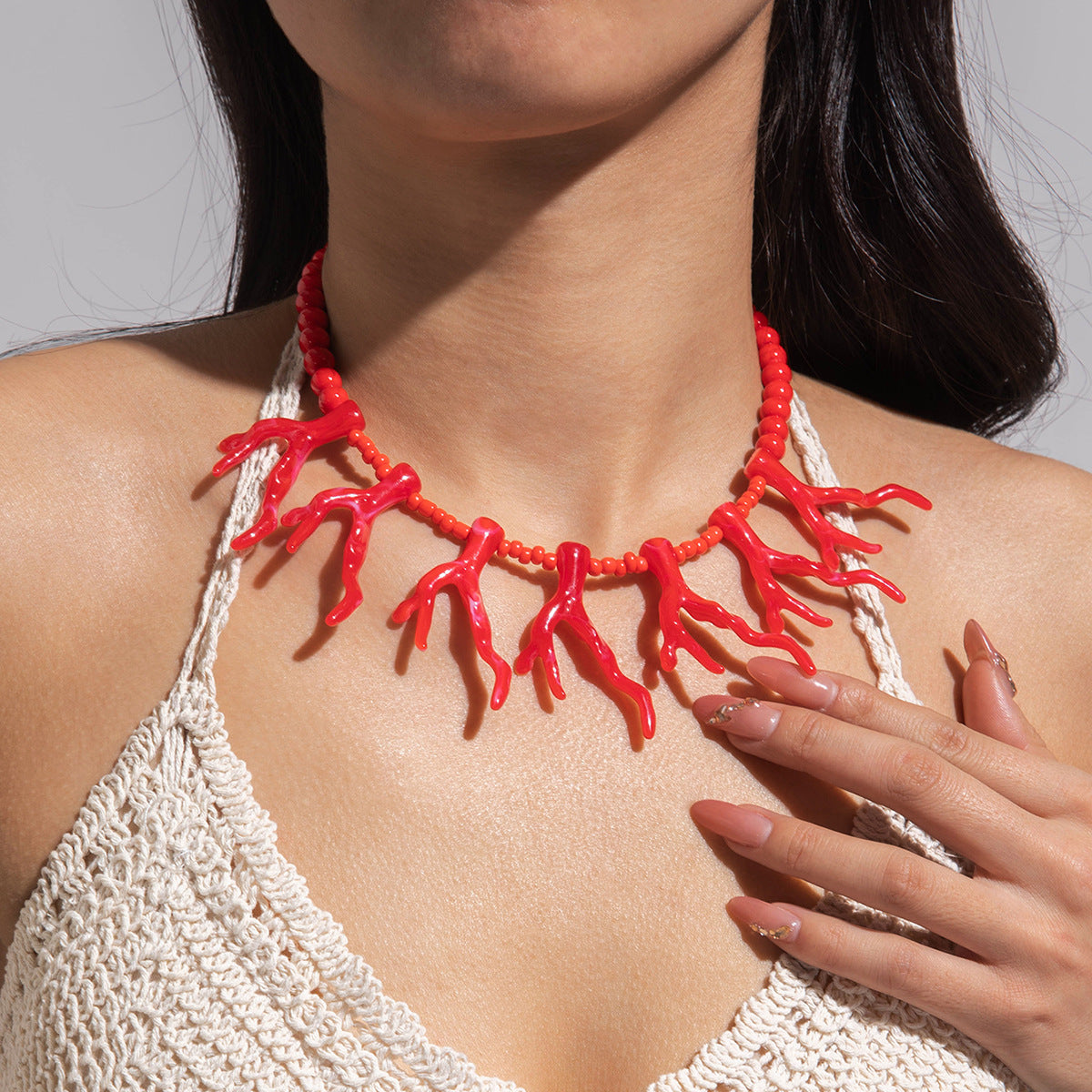 Wholesale Holiday Style Acrylic Coral Shape Bohemian Turquoise Beaded Necklace