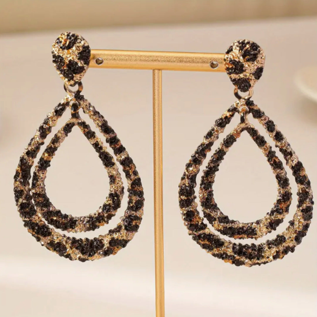 Wholesale Double layered leopard print water droplet earrings