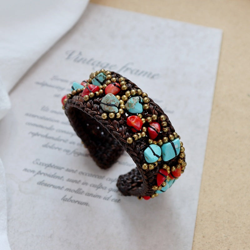 Wholesale handmade Bohemian ethnic woven natural stone bracelet