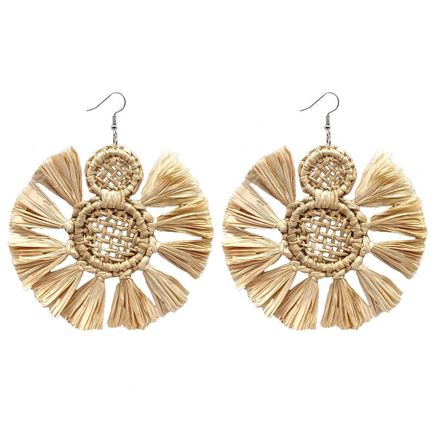 Wholesale Raffia Handwoven Round Tassel Pendant Alloy Earrings