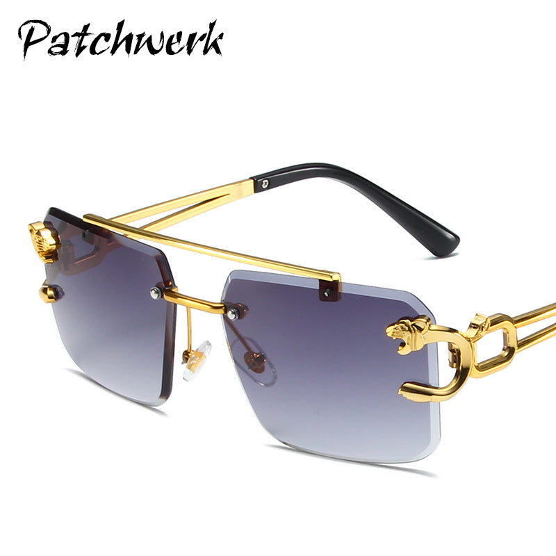 Wholesale Trendy frameless trimming sunglasses leopard head women's outdoor travel sunglasses fashionable wear pull-up glasses men