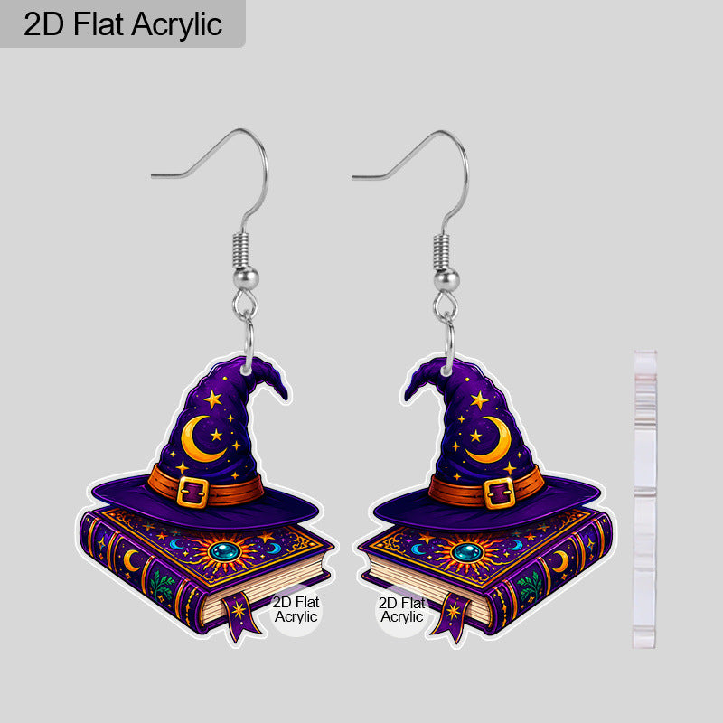 Wholesale Acrylic  Witch Hat Spell Book Earrings Purple Moon Star Print Jewelry Accessory For Party Wear Gift