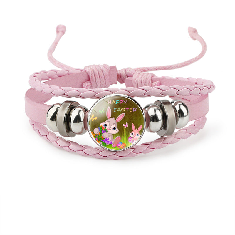 Wholesale Easter Rabbit Time Gemstone Pink Leather Multi Layer Woven Bracelet