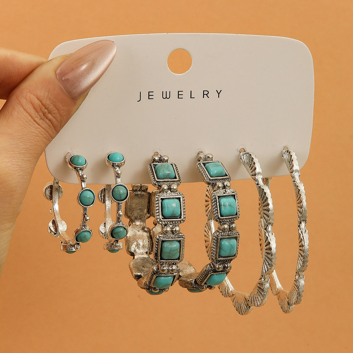Wholesale Retro Turquoise Western C Shaped Earrings 3 Pair Set Trendy Fashion Accessory For Party Boutique Resale