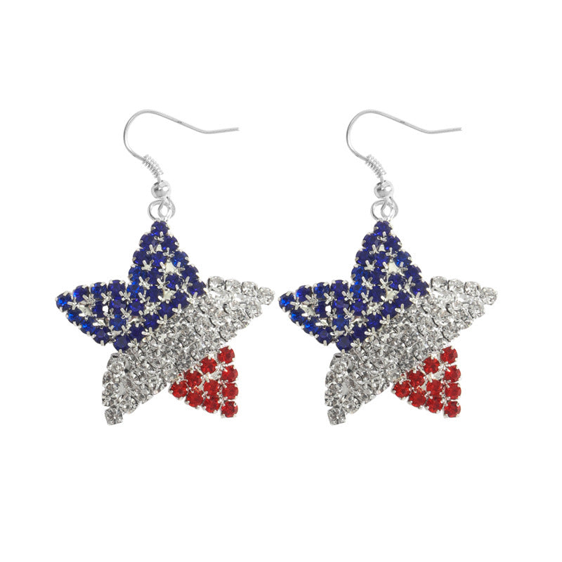 Wholesale Independence Day Diamond-encrusted Flag Five-pointed Star Pendant Earrings