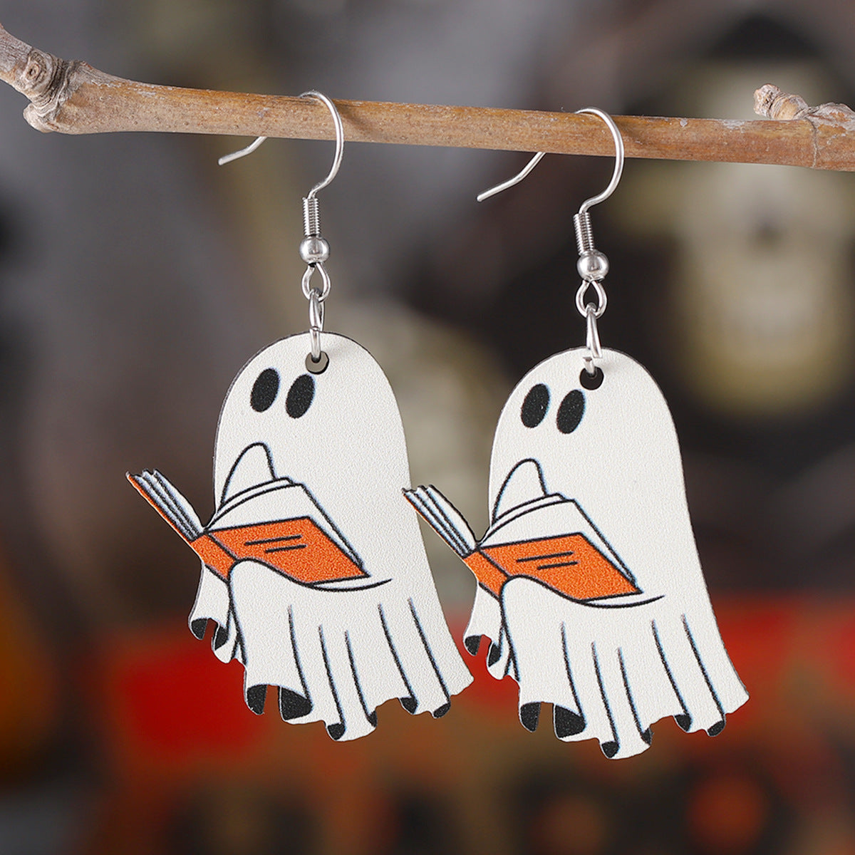 Wholesale Book Ghost Wooden Gothic Style Double-Sided Earrings