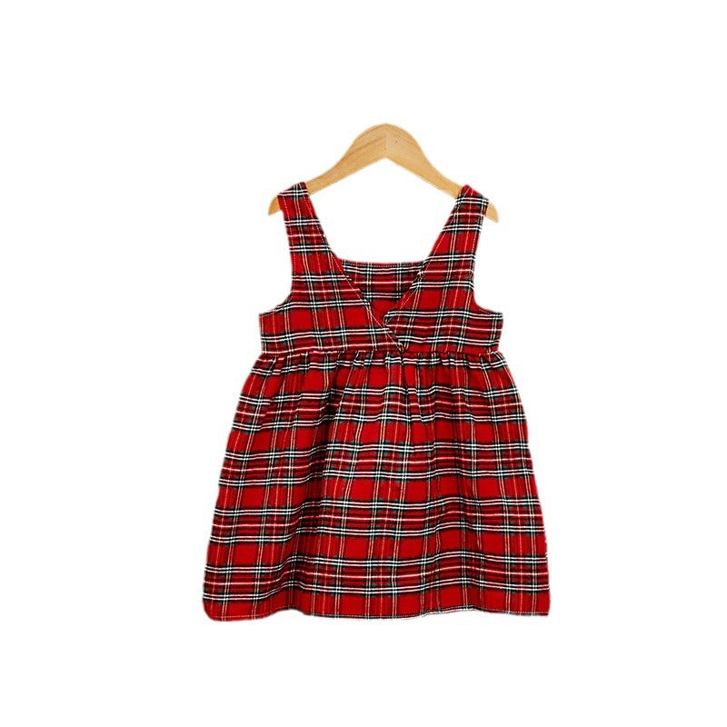 Wholesale Stylish Checkered Print Girls Princess Dress With Bow Headband Korean Style Sleeveless Backless Cotton Blend Party Dress For Gift Resale