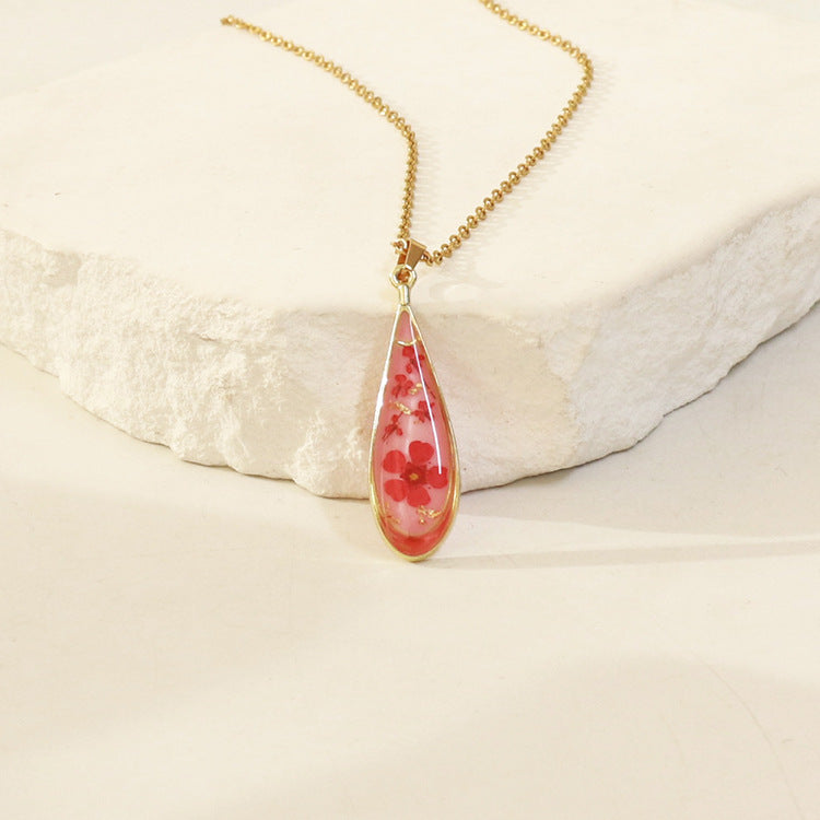Wholesale 6pcs Resin Colored Dried Flower Pendant Water Drop Necklace