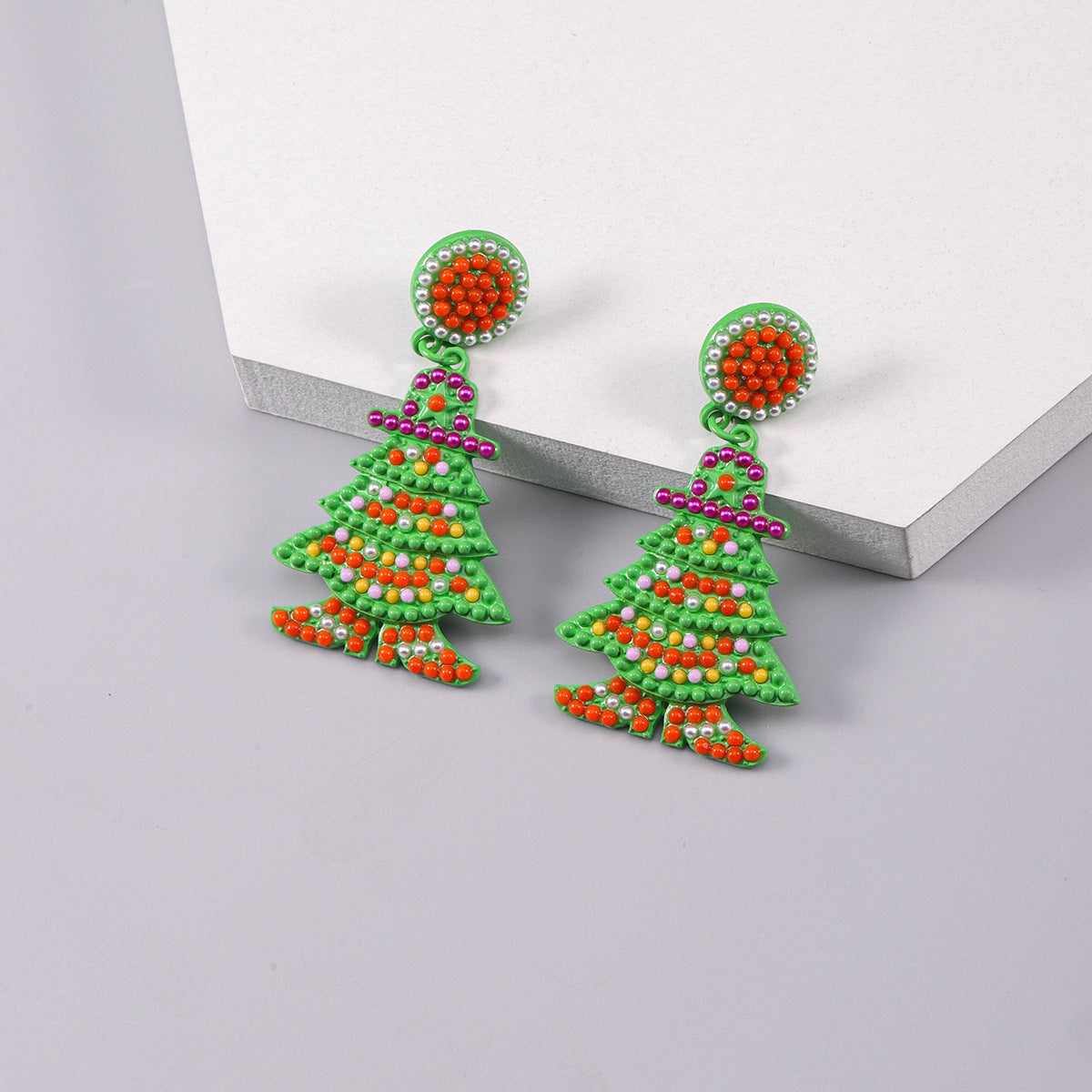 Wholesale Christmas Rice Beads Christmas Tree Festival Alloy Sprayed Earrings