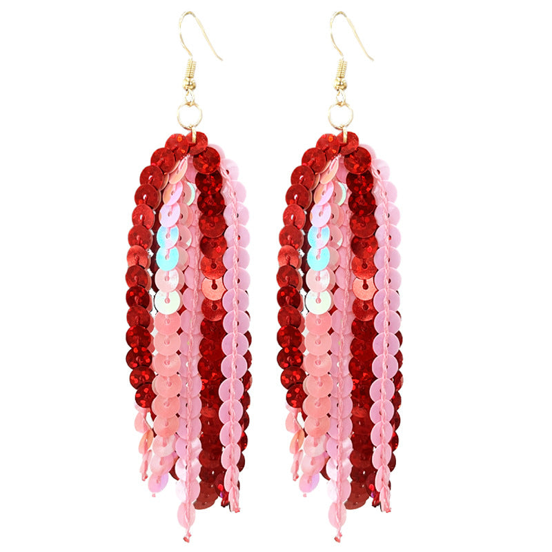 Wholesale 2pcs Valentine's Day Glitter Pink Atmosphere Love Shiny Tassel Temperament Color Matching Fashion Earrings