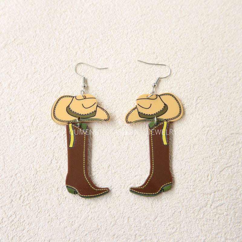 Wholesale Western Style Cowboy Hats Boots Vintage Acrylic Earrings