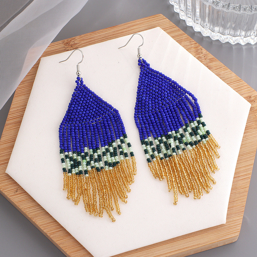 Wholesale Bohemian Handmade Rice Beads Colorful Ethnic Style Tassel Earrings