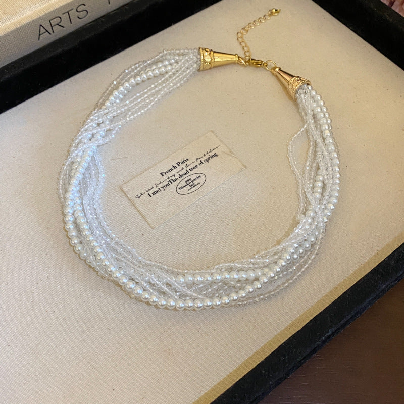 Wholesale Vintage Multi-layered Crystal Pearl Necklace Stylish and Elegant Clavicle Chain