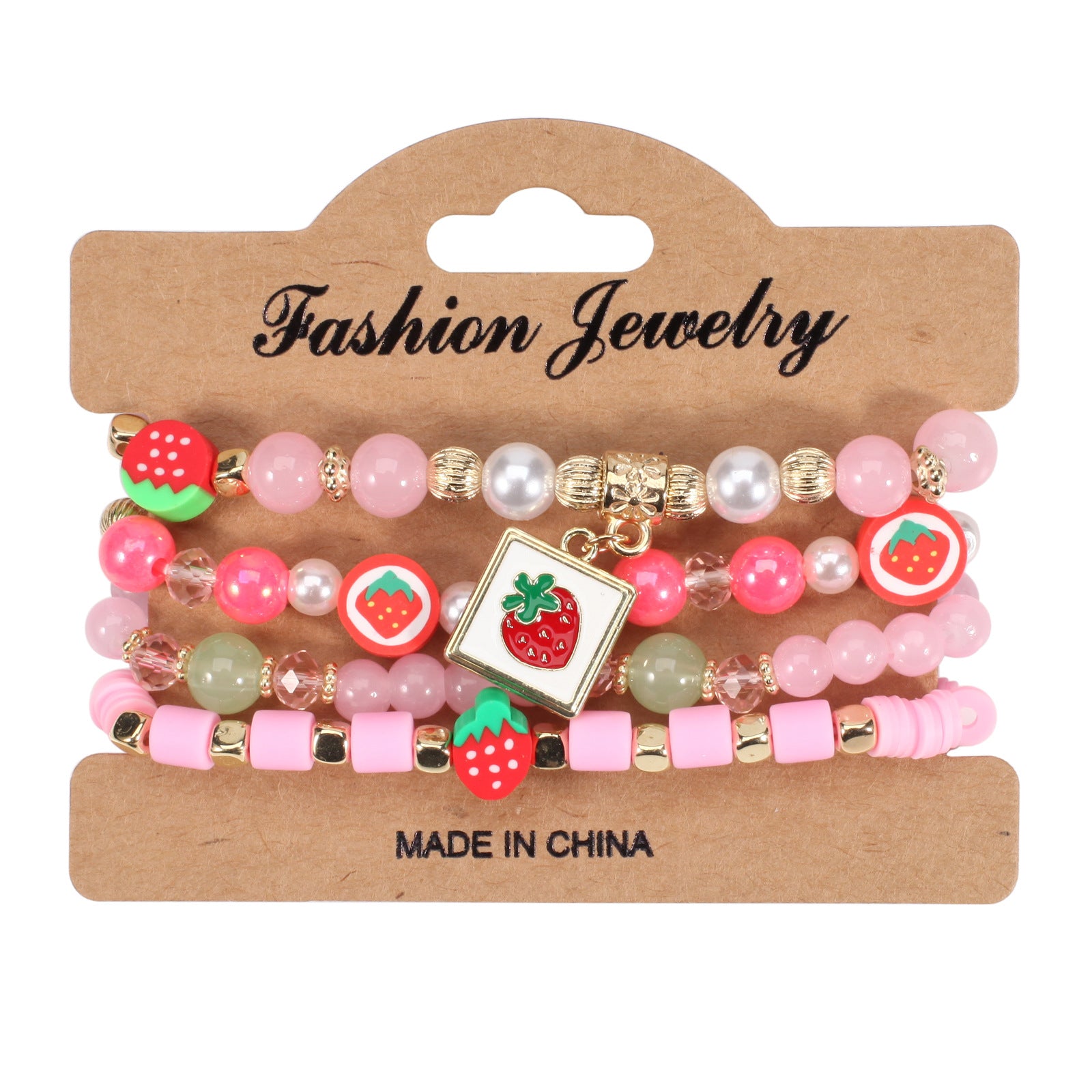 Wholesale Cartoon Cute Fruit Strawberry Pendant Glass Beaded Multi-layer Elastic Bracelet
