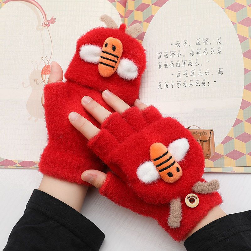 Wholesale Plush and Thickened Half Finger Flip Knitted Wool Little Bee Gloves
