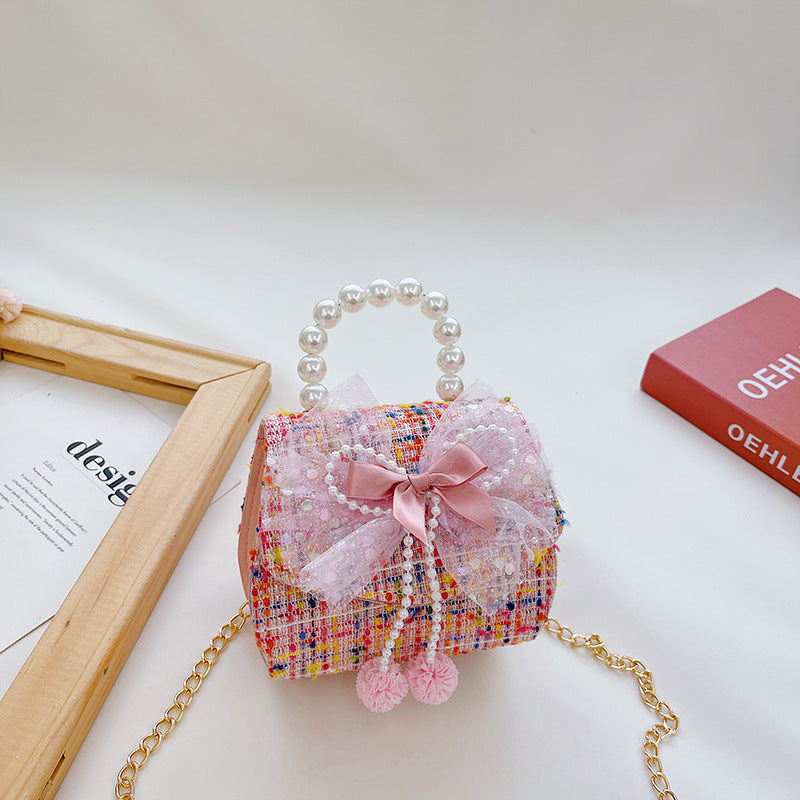 Wholesale Cotton Linen Pearl Bow Kids Shoulder Bag