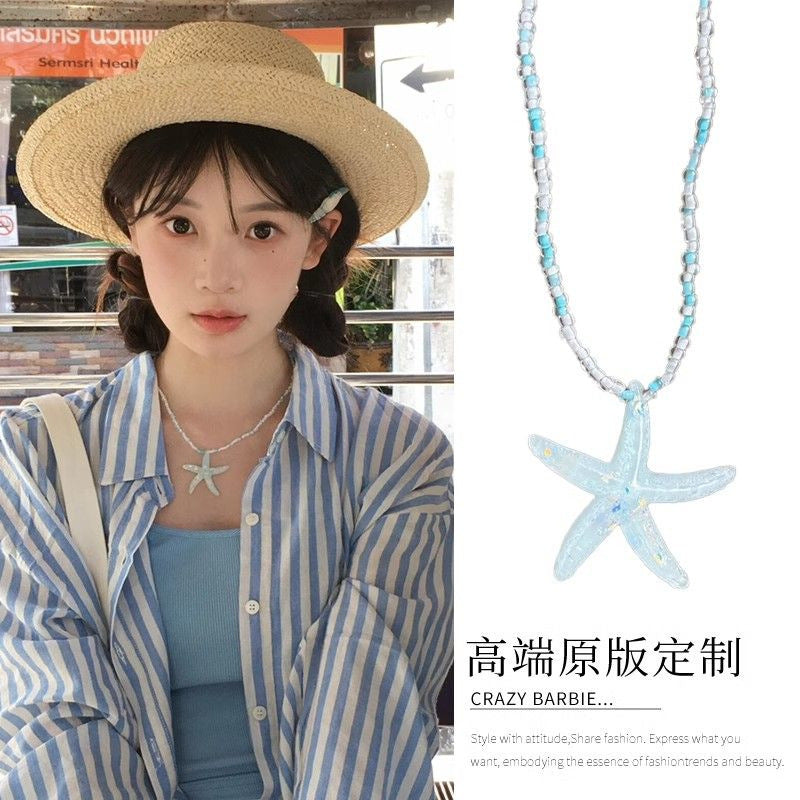 Wholesale Blue Beaded Starfish Necklace Clavicle Chain