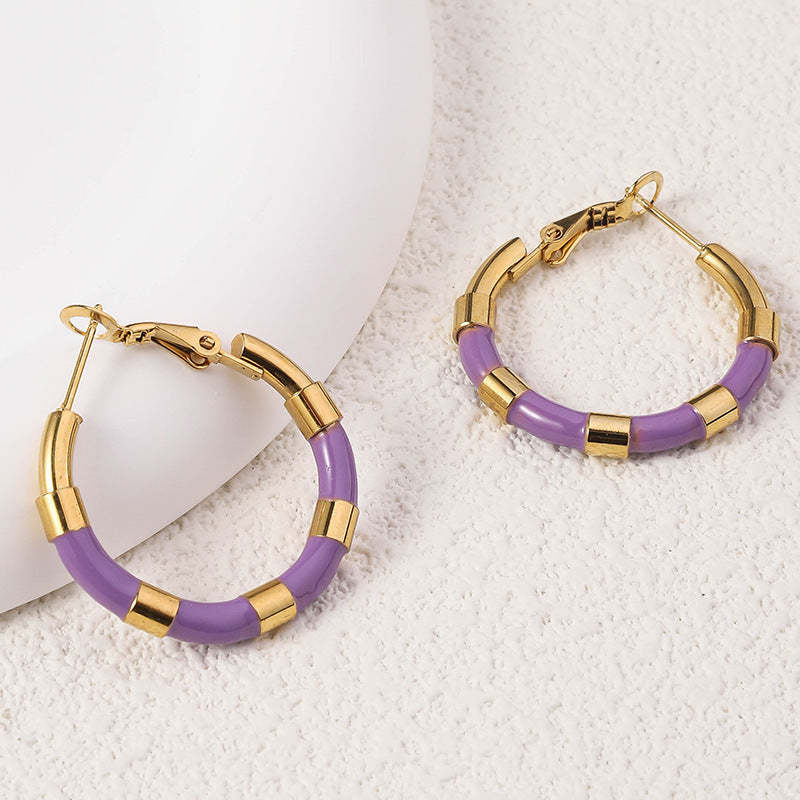 Wholesale Enamel Large Earrings Fashion Bamboo Stainless Steel Drip Oil Geometric Round 18K Real Gold Earrings