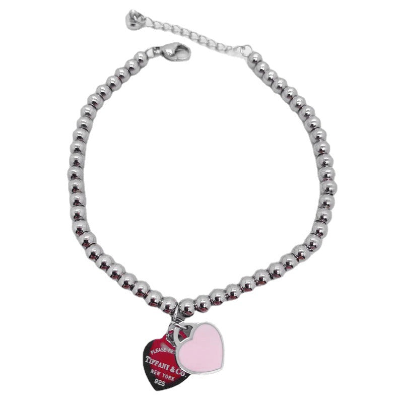 Wholesale Double Heart Bead Titanium Steel Peach Heart Pendant Love Epoxy Bracelet