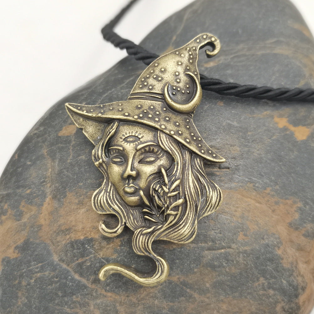 Wholesale Vintage long-haired witch necklace sun and moon witch pendant
