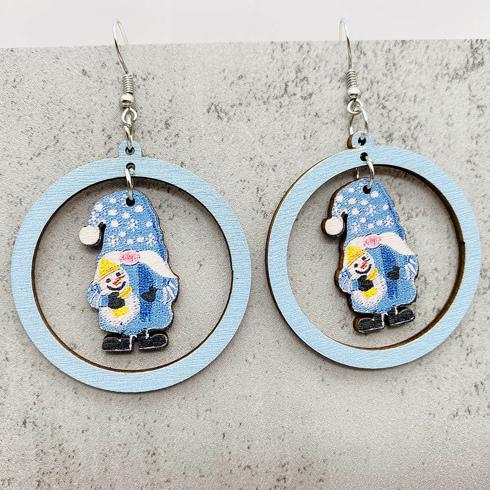 Wholesale Christmas Gnome Dwarf Elk Patchwork Wooden Earrings