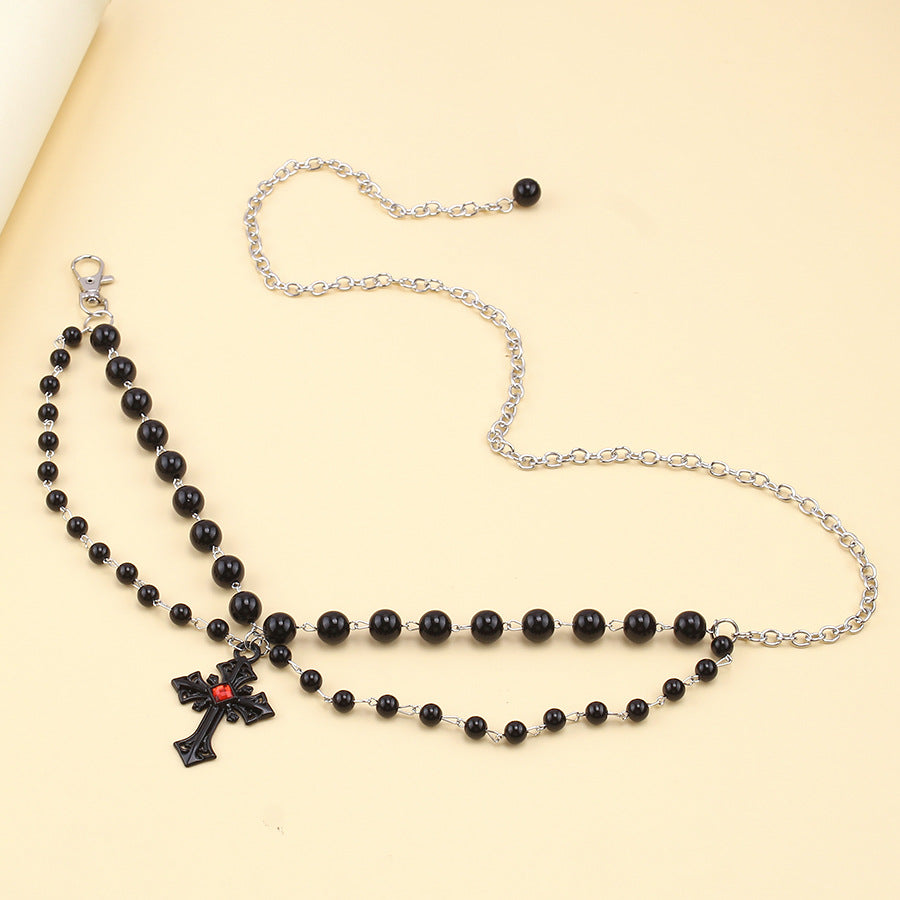 Wholesale Gothic Dark Style Vintage Black Pearl Cross Waist Necklace