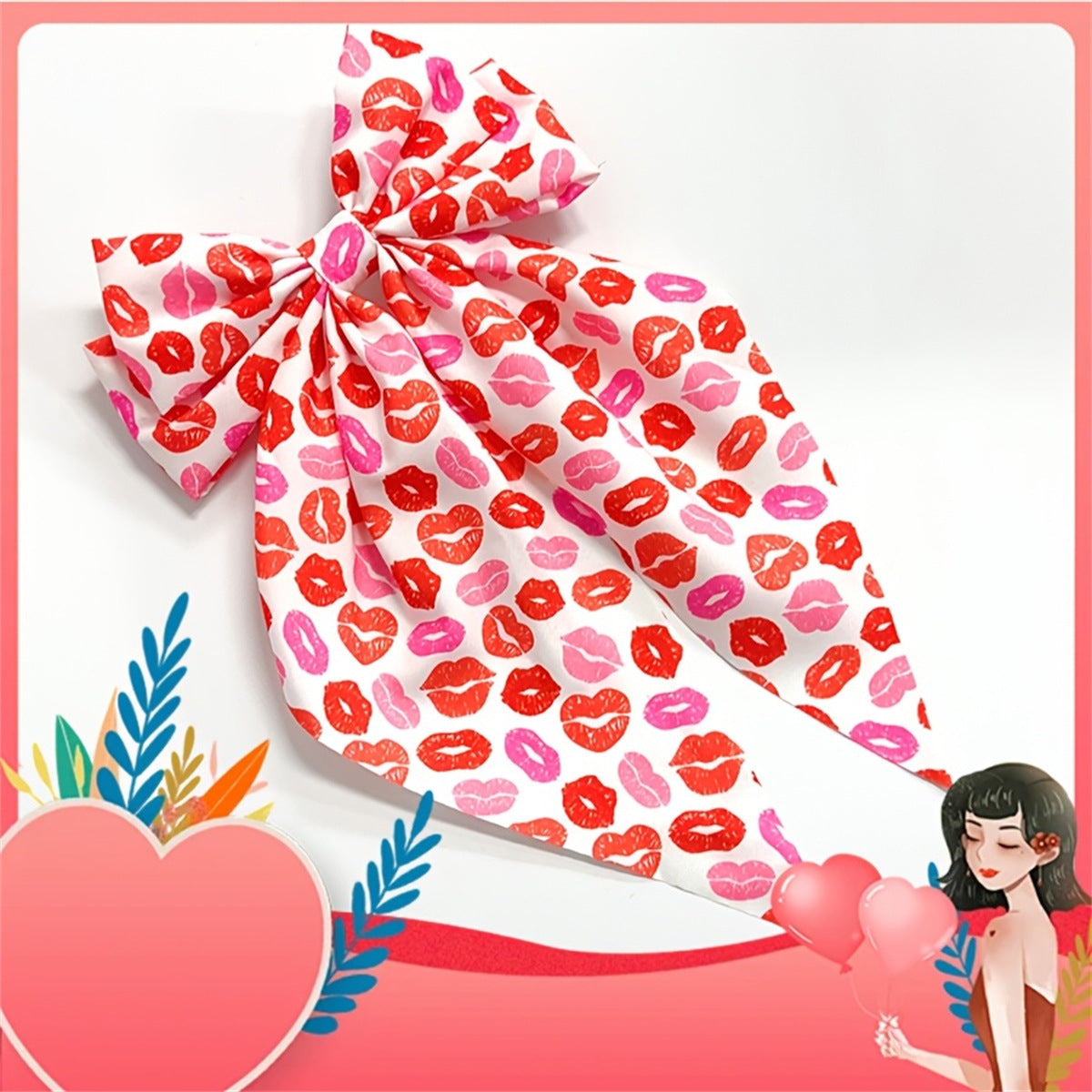 Wholesale valentine's day bow ribbon spring heart-shaped red lip printing hair clip