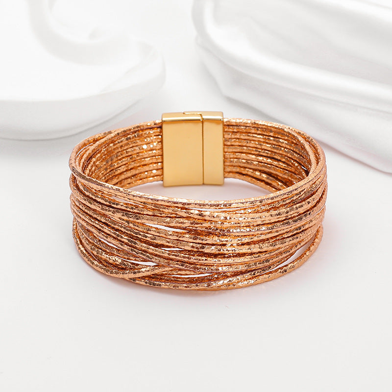 Wholesale Bohemian Imitation Gold Wire Magnetic Clasp Leather Bracelet