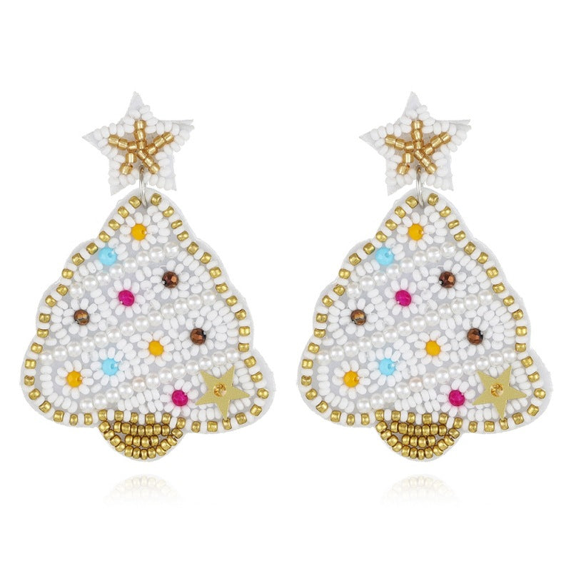 Wholesale Christmas Fabric Felt Christmas Tree Elk Snowman Handmade Rice Bead Earrings