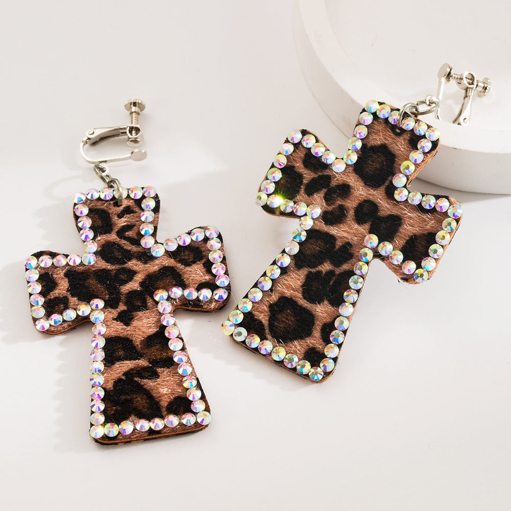 Wholesale Handmade Personalized Exaggerated Cross Genuine Leather Leopard Print Earrings