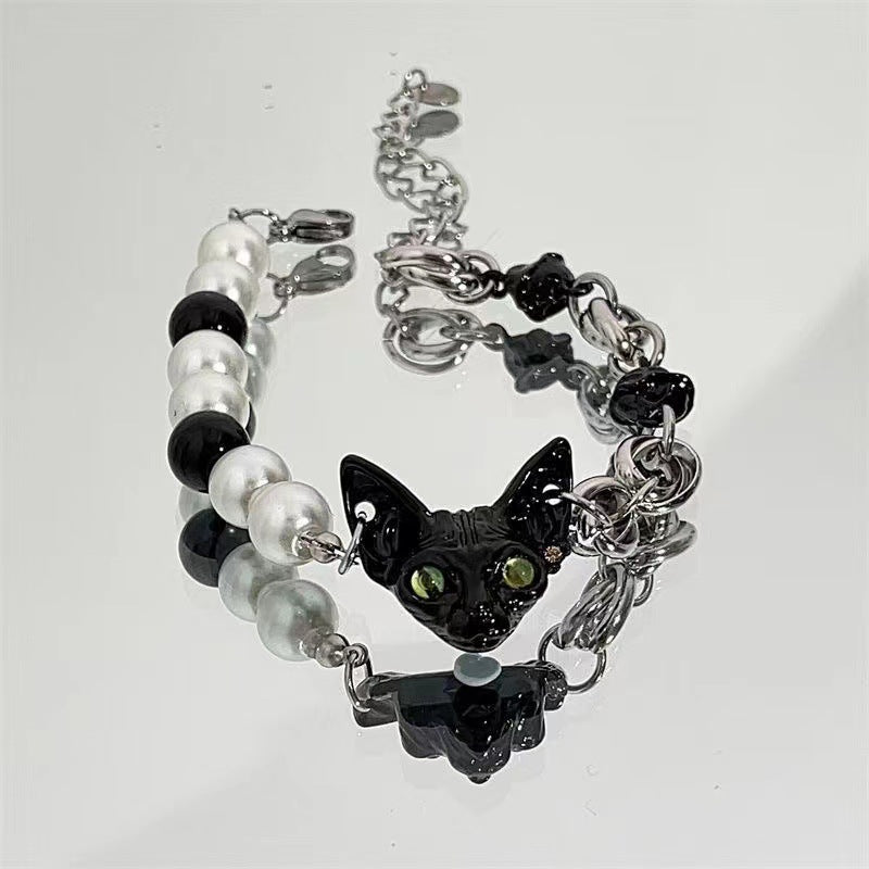 Wholesale Black Cat Pearl Beads Titanium Steel Alloy Bracelet