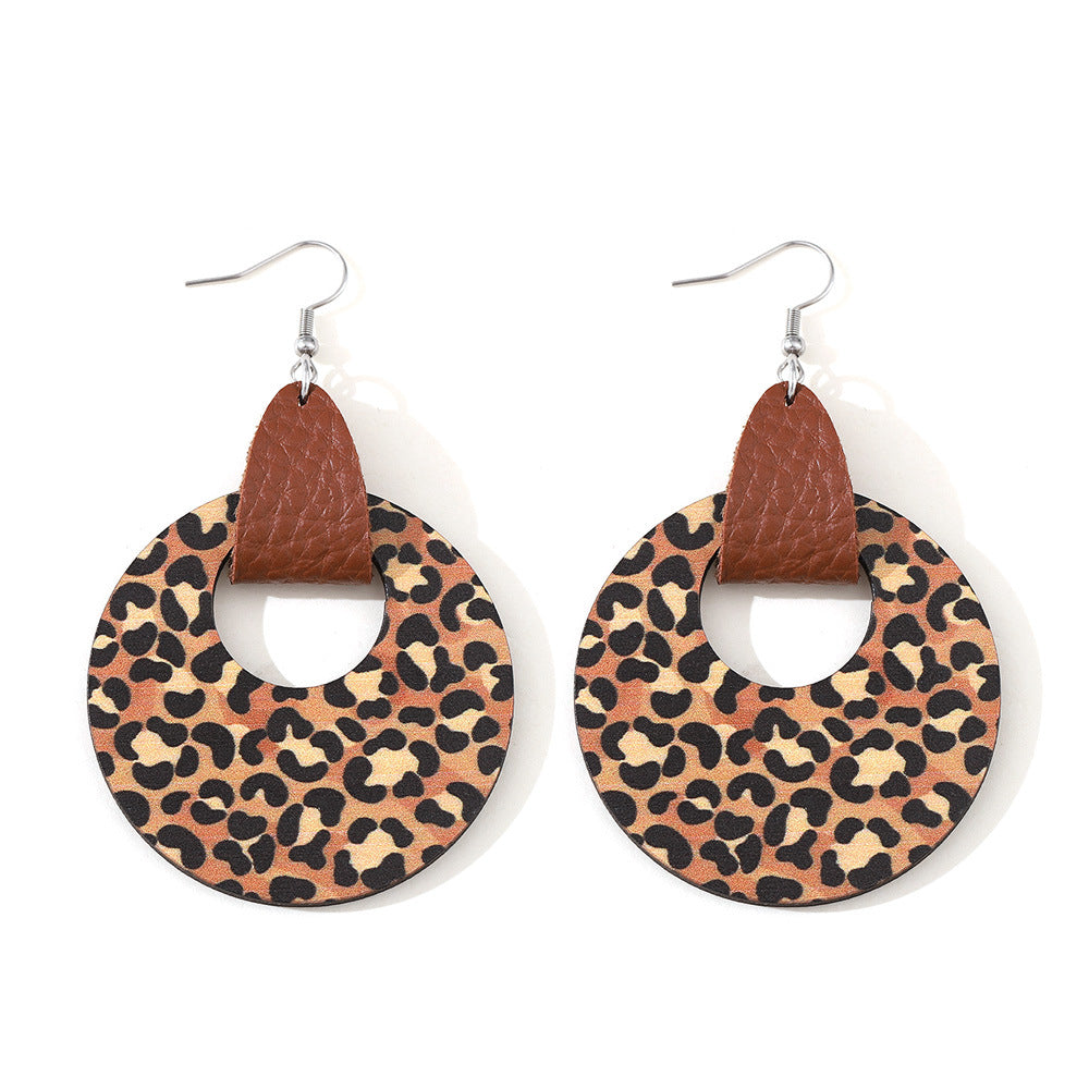 Wholesale Ethnic Bohemian Leopard Print Round Reversible Leather Earrings