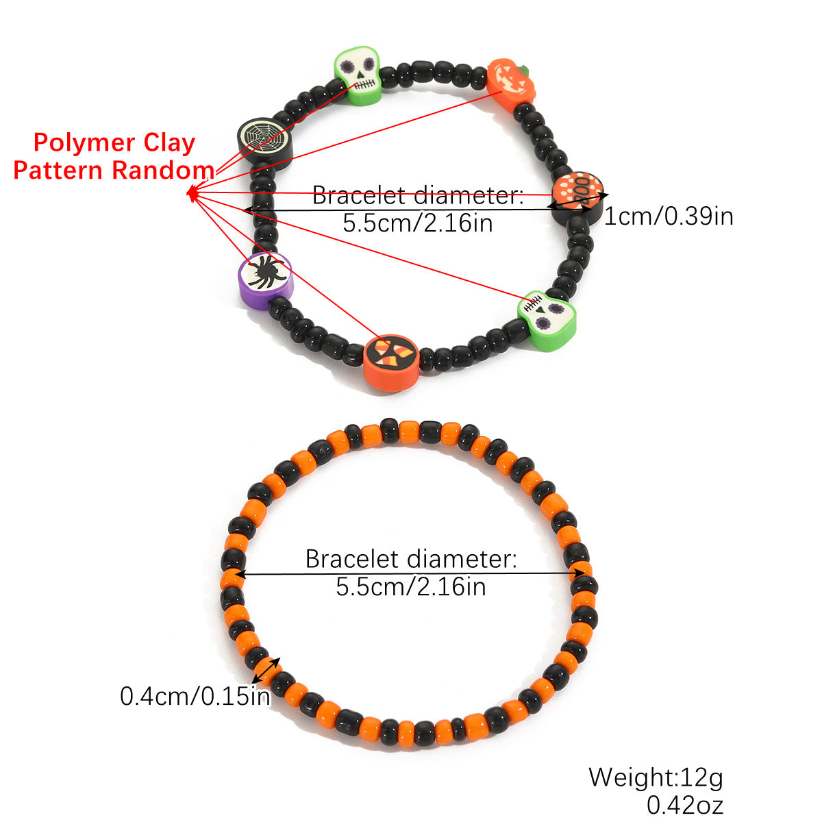 Wholesale Halloween Polymer Clay Skull Pumpkin Beaded Bracelet