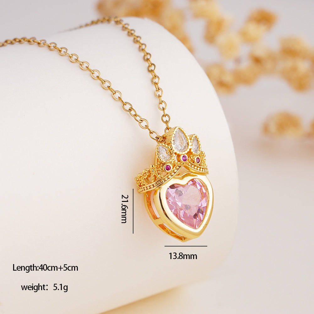 Wholesale Stainless Steel Clavicle Chain Pink Crown Love Necklace Light Luxury Accessories