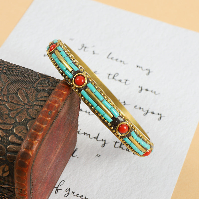 Wholesale Tibetan Nepalese Vintage Brass Bracelet with Turquoise