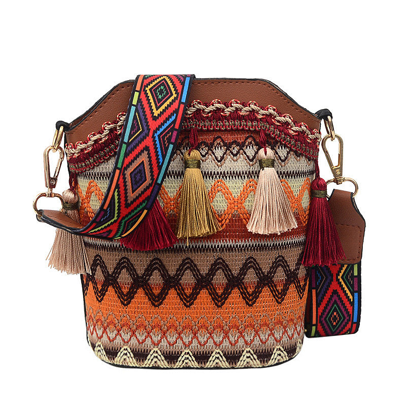 Wholesale Ethnic Style Woven Tassel Canvas Bucket Bag