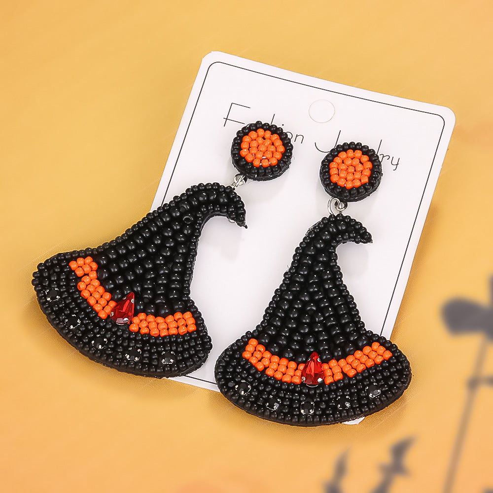 Wholesale Halloween Vintage Witch Hat Black Cat Demon Pumpkin Bat Beaded Earrings