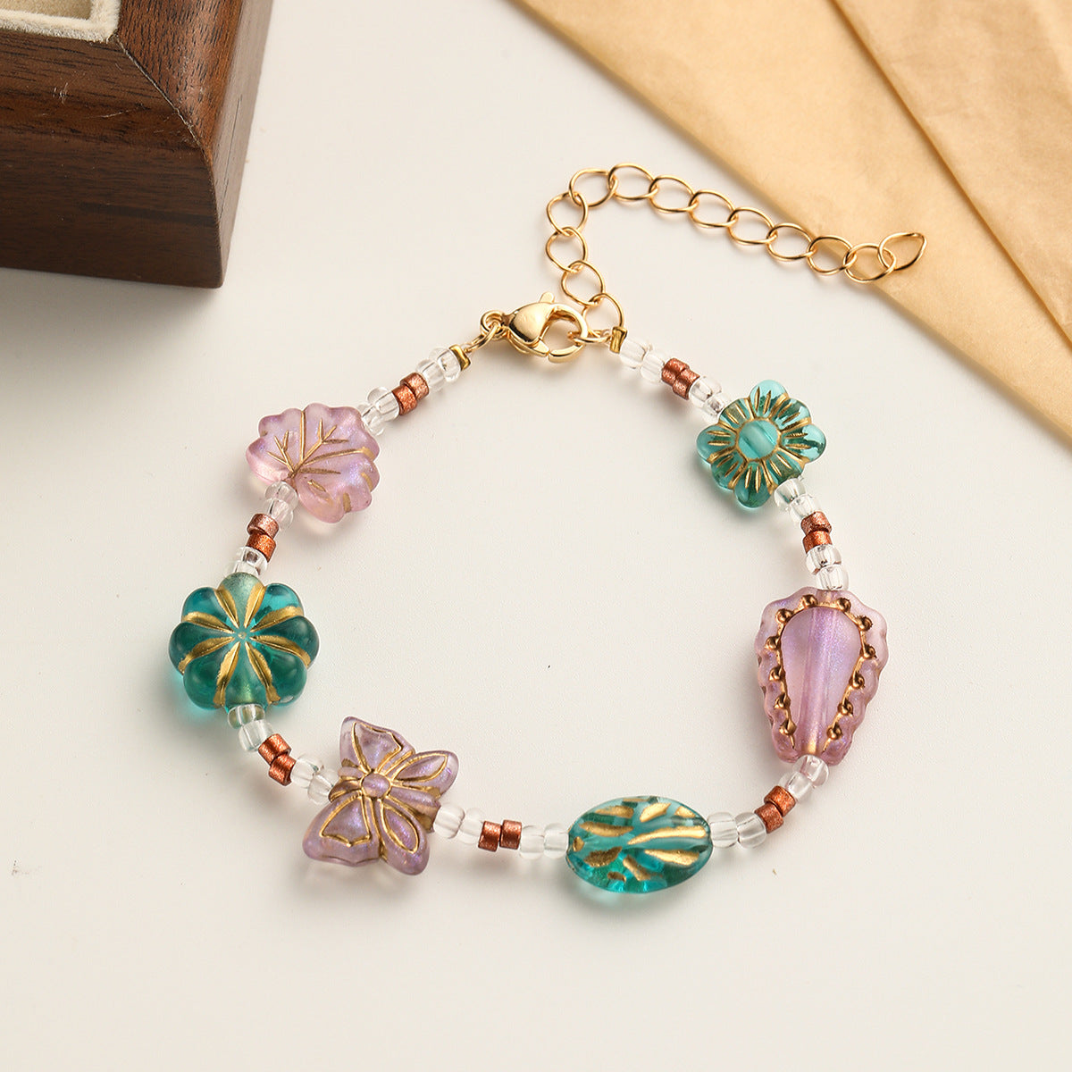 Wholesale Literary Retro Golden Colorful Glass Beaded Bracelet