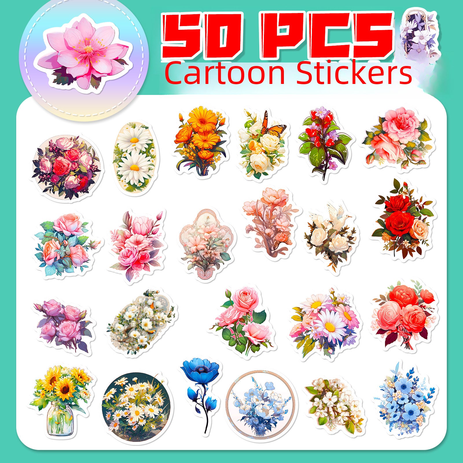 Wholesale 50pcs Retro Flower Graffiti Stickers Plant Flowers Cartoon Creative Notebook Stickers