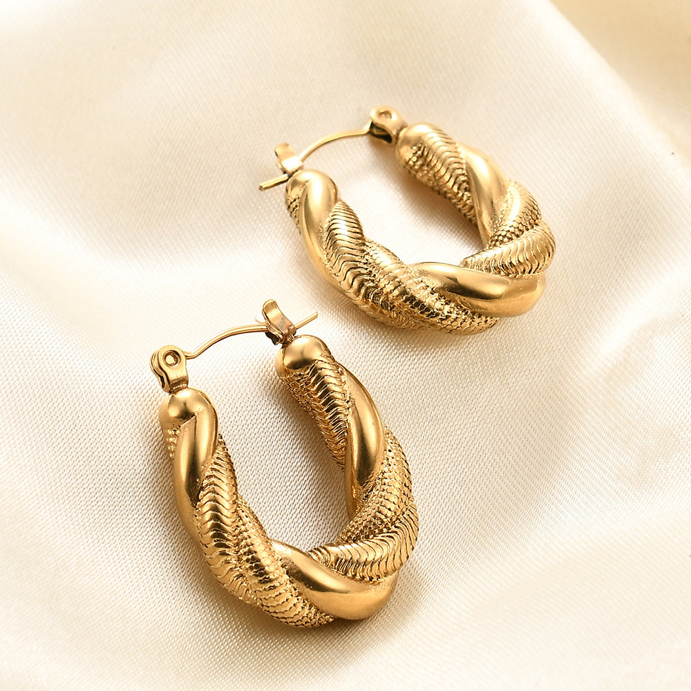 Wholesale Irregular Fried Dough Twists Snake Chain Double-layer 14K Gold Stainless Steel Earrings