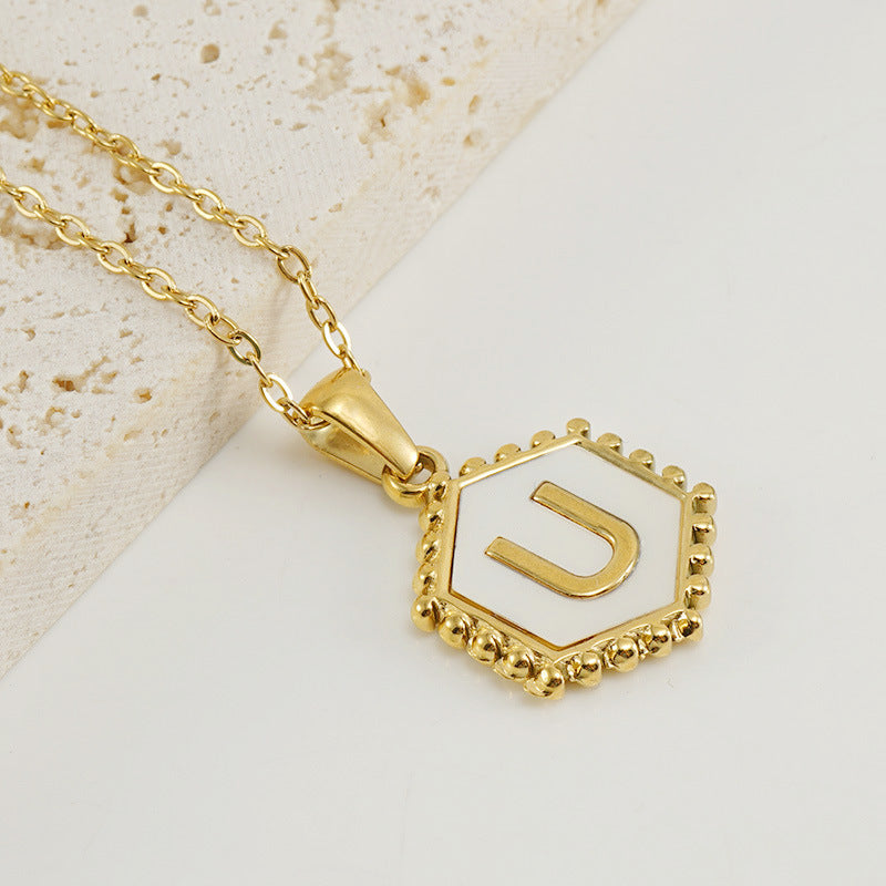 Wholesale Stainless Steel Plated Hexagonal Natural Shell Letter Pendant 18K Necklace