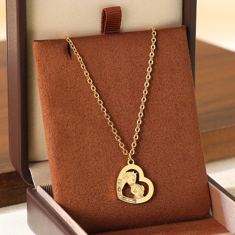 Wholesale Mother' s Day Diamond studded Hollow Moon Love Stainless Steel Necklace